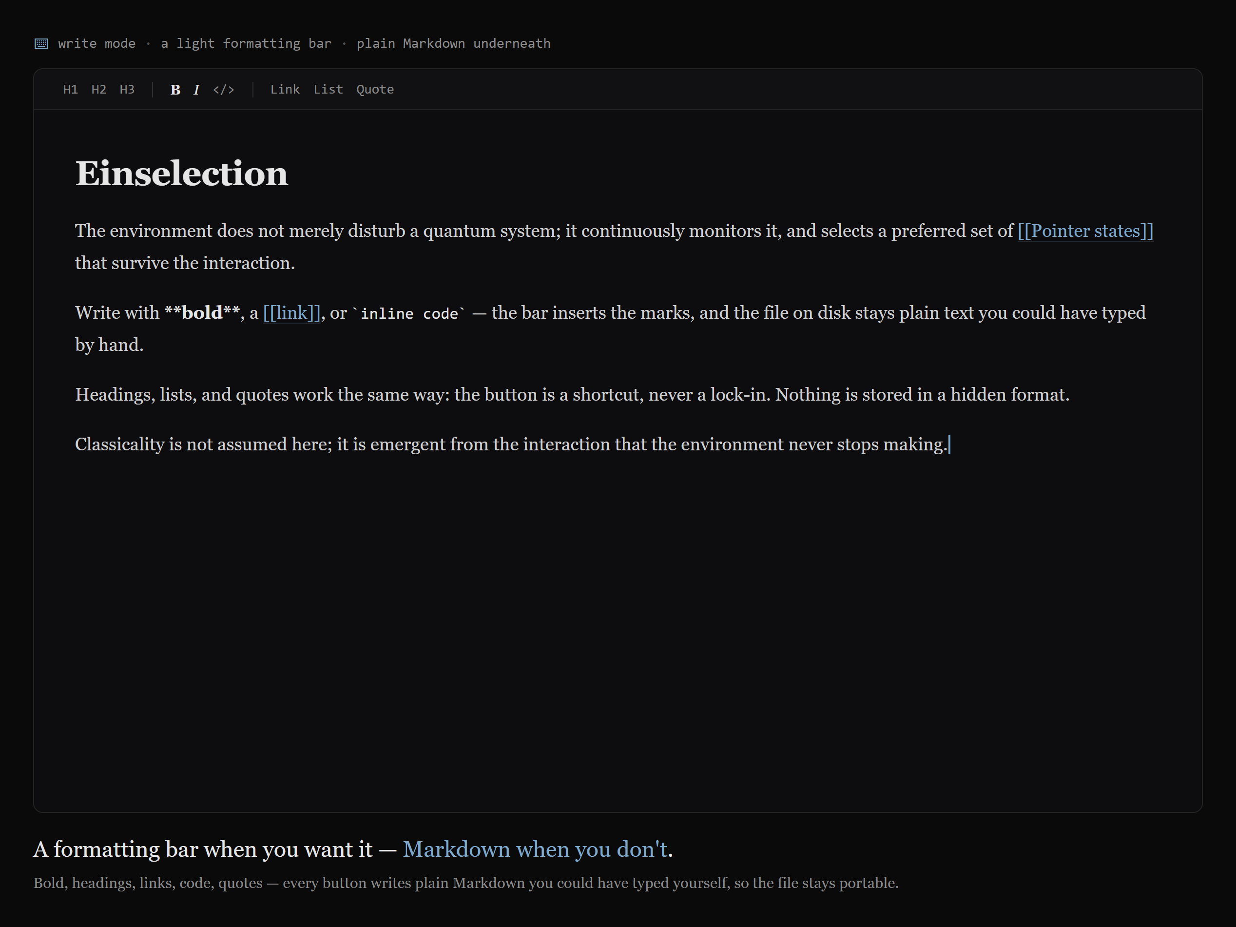 Write mode with a light formatting bar