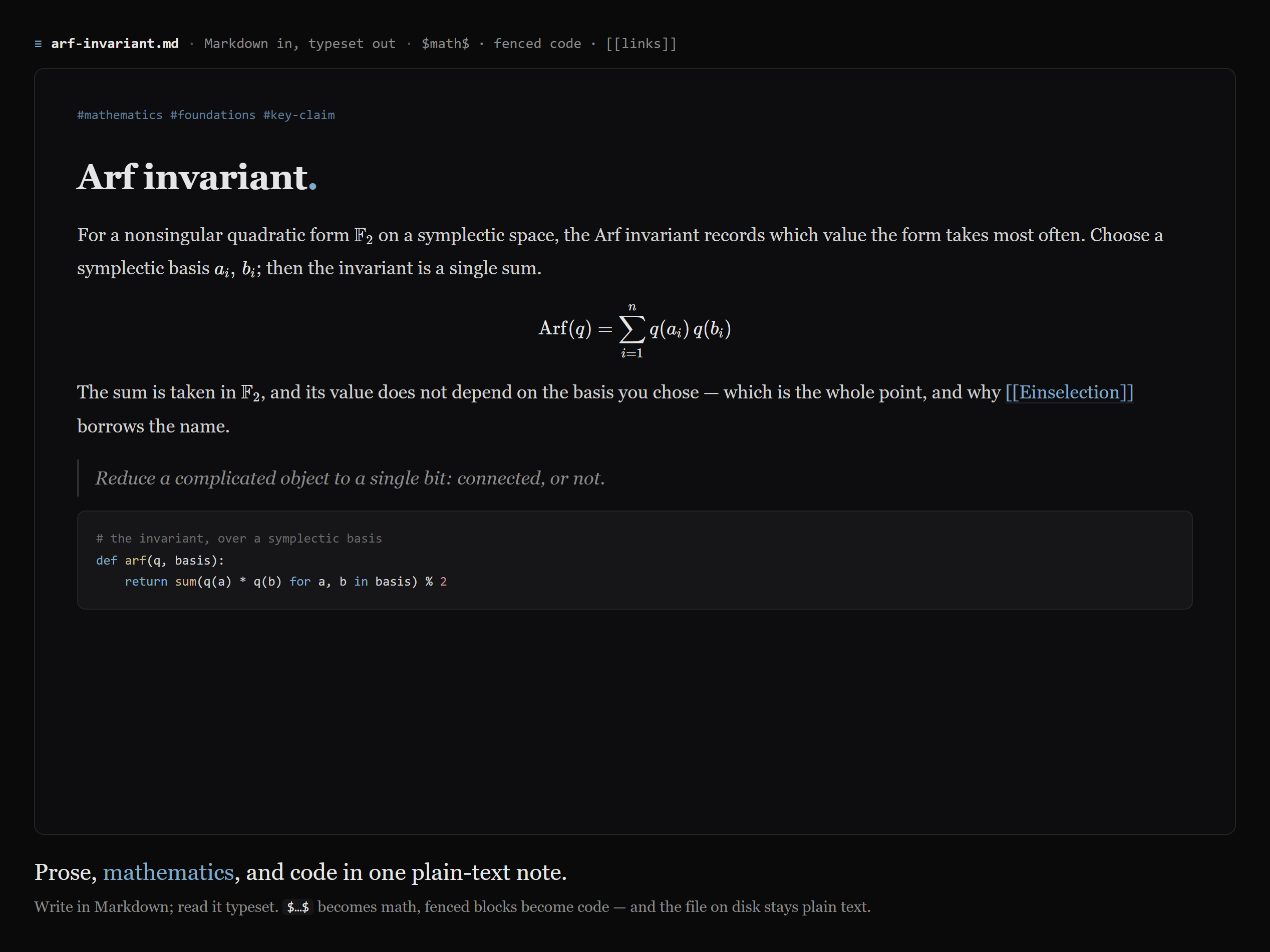 A note with prose, a typeset equation, a wikilink, and code