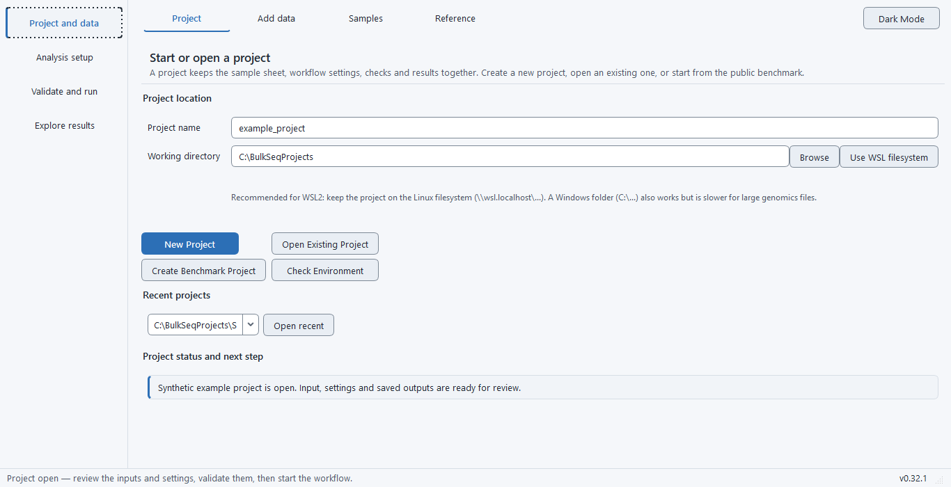 The application window in light mode: the four stage groups listed down the left with Project and data selected, the Project page open with its project-location fields, and the New Project, Open Existing Project, Create Benchmark Project and Check Environment buttons below them.