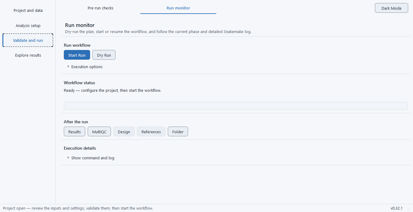The Run monitor page: Start Run and Dry Run buttons above a collapsed Execution options section, a Workflow status line with an empty progress bar, the After the run buttons Results, MultiQC, Design, References and Folder, and a collapsed Show command and log section.