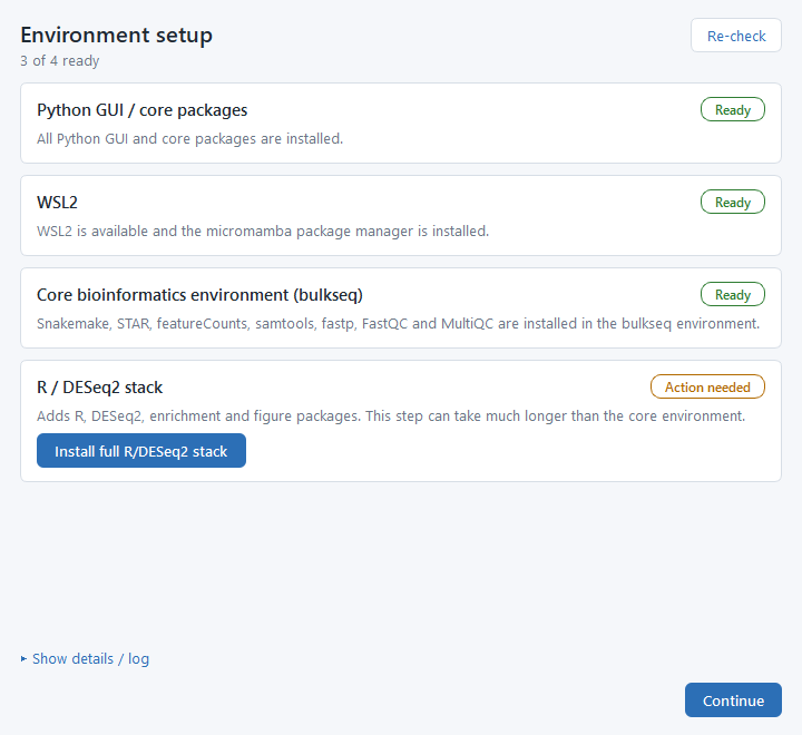 The Environment setup window: four readiness rows, each Ready or Action needed, with install buttons and a Continue button.