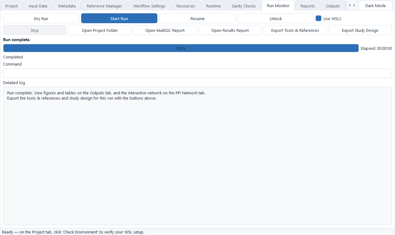 The Run Monitor tab showing a completed run at 100%, with Start Run, Resume, Unlock, Stop, Open Results Report, and the Export Tools & References and Export Study Design buttons
