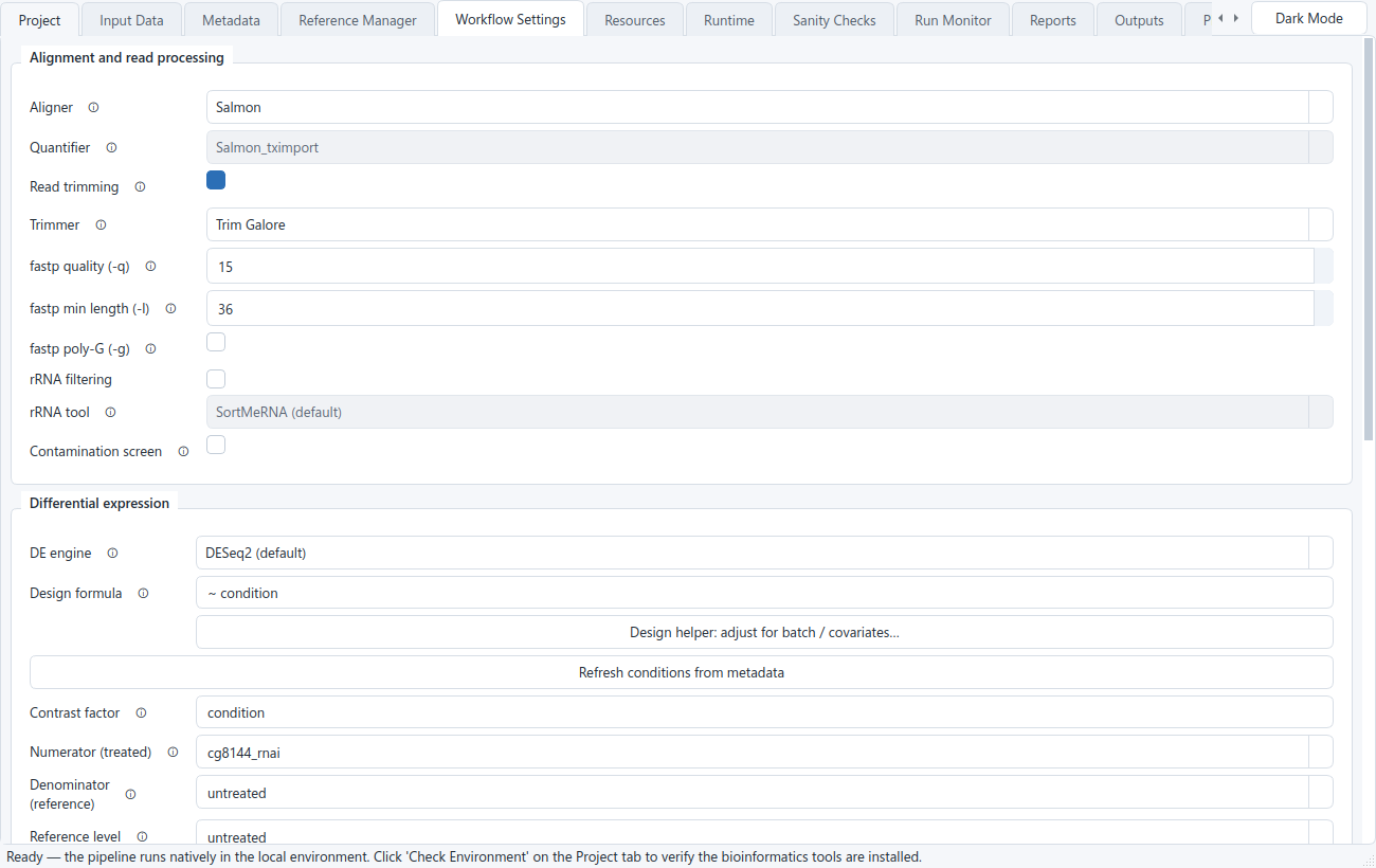 The Workflow Settings tab gathering every pipeline choice: aligner and quantifier, trimmer, rRNA tool and contamination screen, differential-expression engine, the design formula with the Design helper, significance thresholds, organellar handling, GSVA and RSeQC toggles, and a custom-gene-set panel
