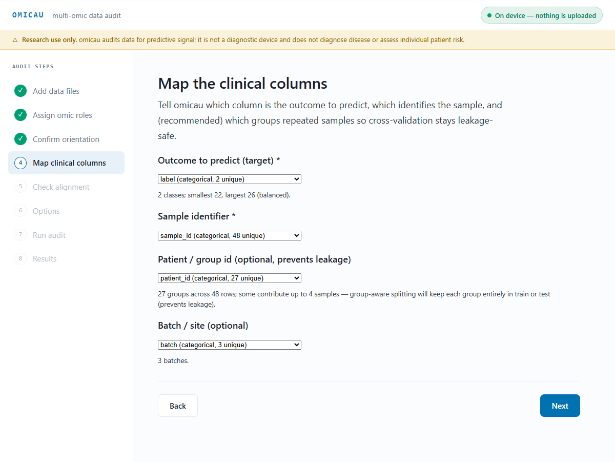 omicau UI — clinical column mapping with live consequences